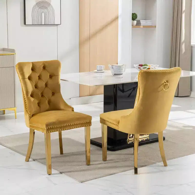 Modern Comfy Dining Chairs Set of 2, Tufted Velvet Upholstery Kitchen Chairs with Chrome Stainless Metal Legs & Nailhead Trim