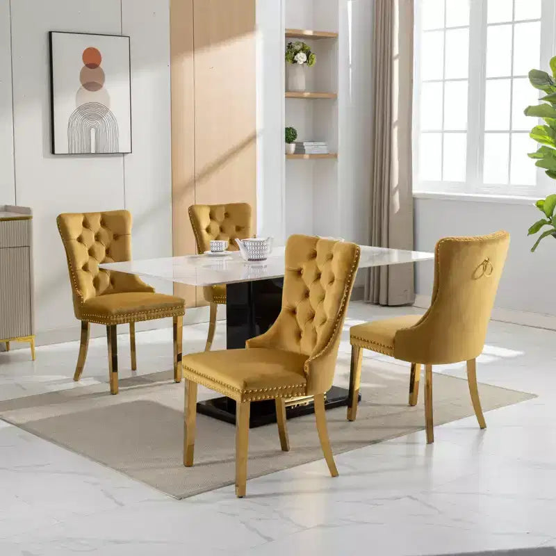 Modern Comfy Dining Chairs Set of 2, Tufted Velvet Upholstery Kitchen Chairs with Chrome Stainless Metal Legs & Nailhead Trim
