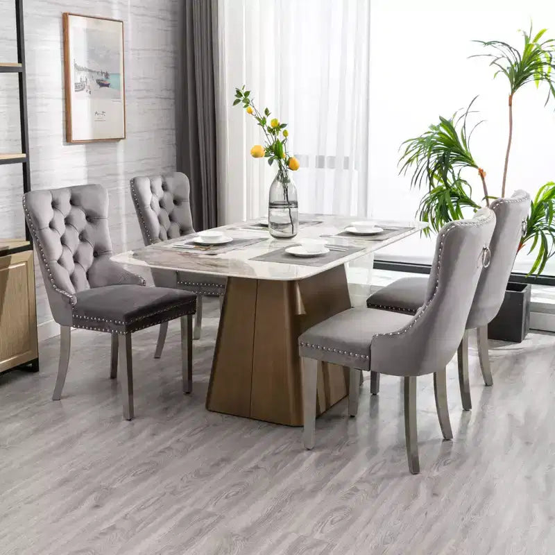 Modern Comfy Dining Chairs Set of 2, Tufted Velvet Upholstery Kitchen Chairs with Chrome Stainless Metal Legs & Nailhead Trim