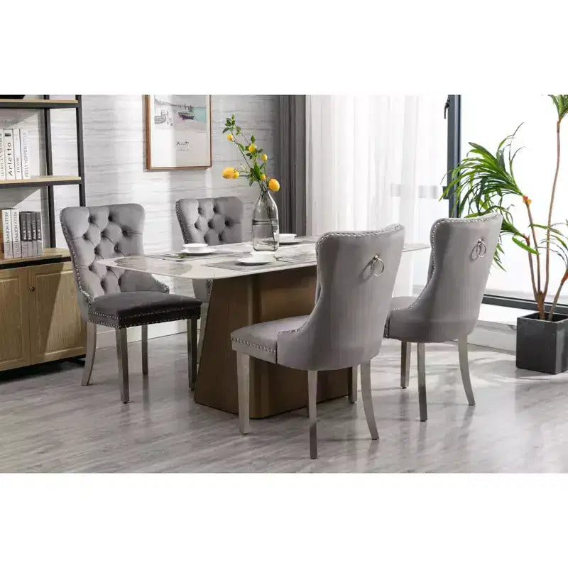 Modern Comfy Dining Chairs Set of 2, Tufted Velvet Upholstery Kitchen Chairs with Chrome Stainless Metal Legs & Nailhead Trim