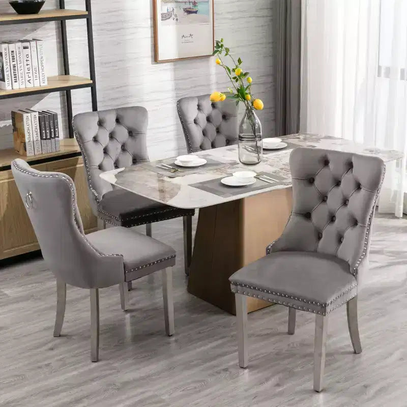 Modern Comfy Dining Chairs Set of 2, Tufted Velvet Upholstery Kitchen Chairs with Chrome Stainless Metal Legs & Nailhead Trim