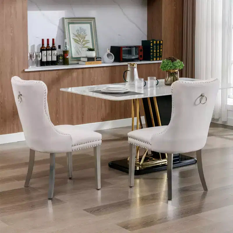 Modern Comfy Dining Chairs Set of 2, Tufted Velvet Upholstery Kitchen Chairs with Chrome Stainless Metal Legs & Nailhead Trim