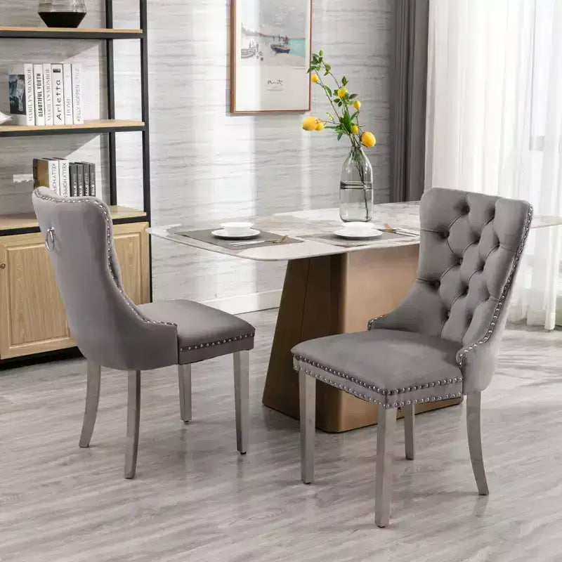 Modern Comfy Dining Chairs Set of 2, Tufted Velvet Upholstery Kitchen Chairs with Chrome Stainless Metal Legs & Nailhead Trim