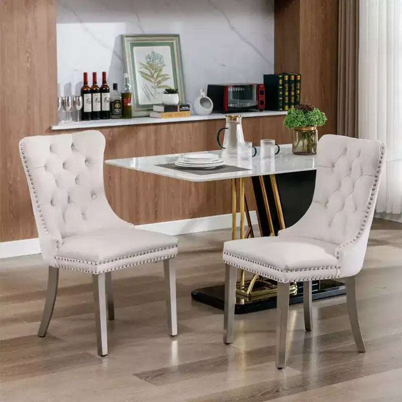 Modern Comfy Dining Chairs Set of 2, Tufted Velvet Upholstery Kitchen Chairs with Chrome Stainless Metal Legs & Nailhead Trim