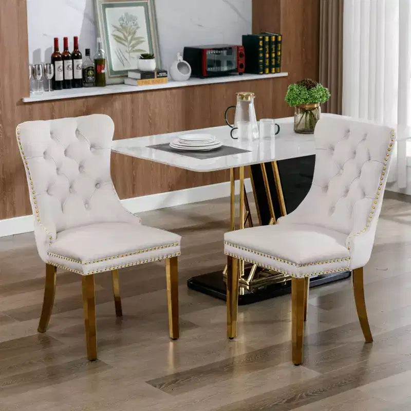 Modern Comfy Dining Chairs Set of 2, Tufted Velvet Upholstery Kitchen Chairs with Chrome Stainless Metal Legs & Nailhead Trim