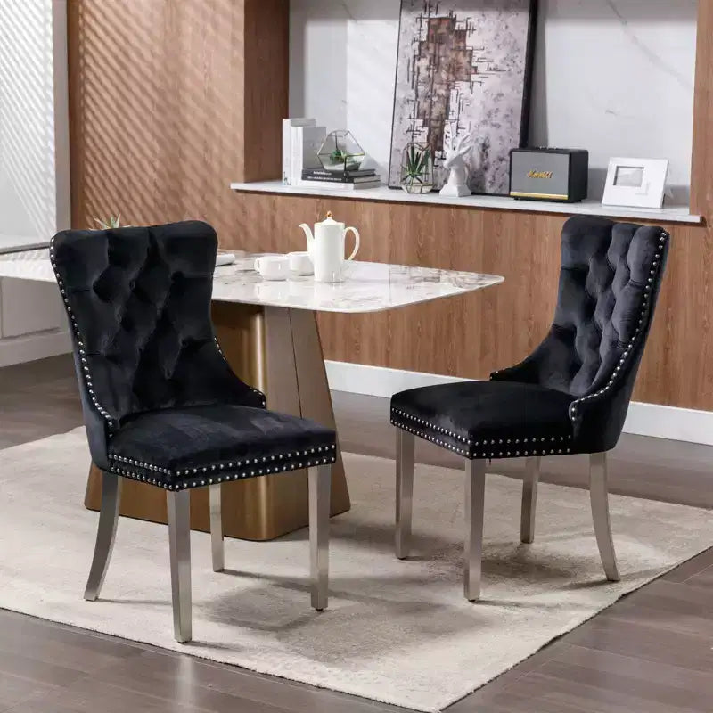 Modern Comfy Dining Chairs Set of 2, Tufted Velvet Upholstery Kitchen Chairs with Chrome Stainless Metal Legs & Nailhead Trim