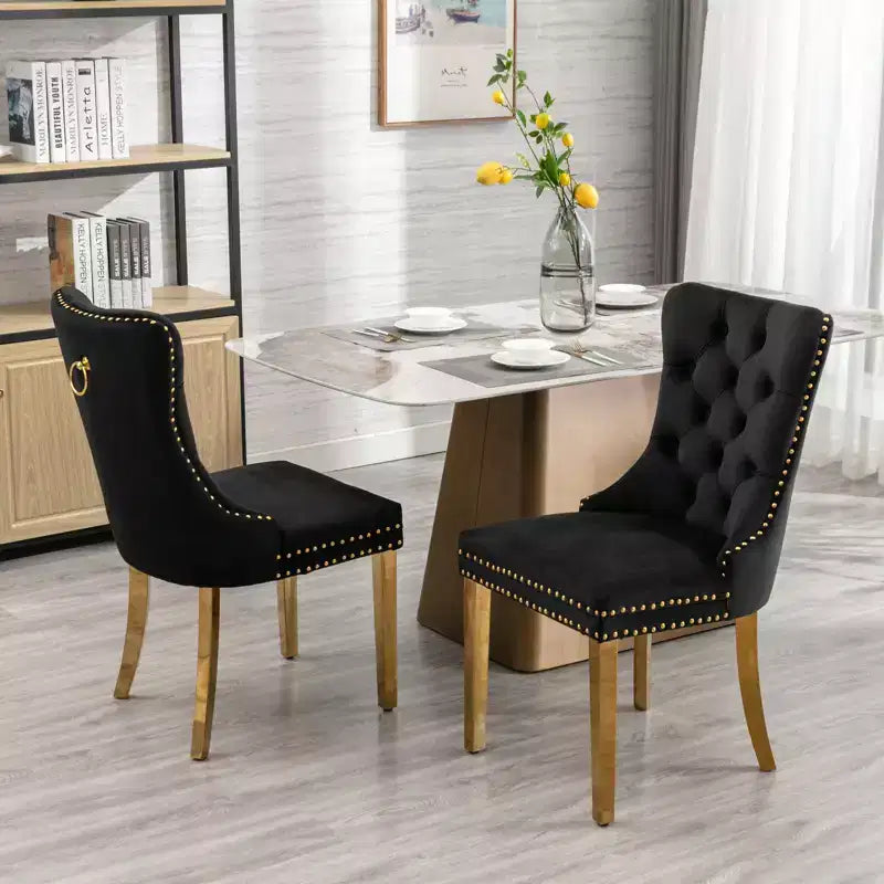 Modern Comfy Dining Chairs Set of 2, Tufted Velvet Upholstery Kitchen Chairs with Chrome Stainless Metal Legs & Nailhead Trim