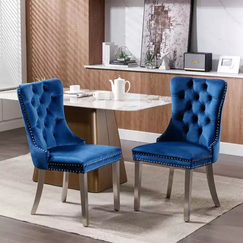 Modern Comfy Dining Chairs Set of 2, Tufted Velvet Upholstery Kitchen Chairs with Chrome Stainless Metal Legs & Nailhead Trim