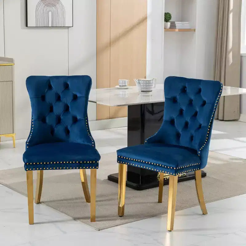 Modern Comfy Dining Chairs Set of 2, Tufted Velvet Upholstery Kitchen Chairs with Chrome Stainless Metal Legs & Nailhead Trim