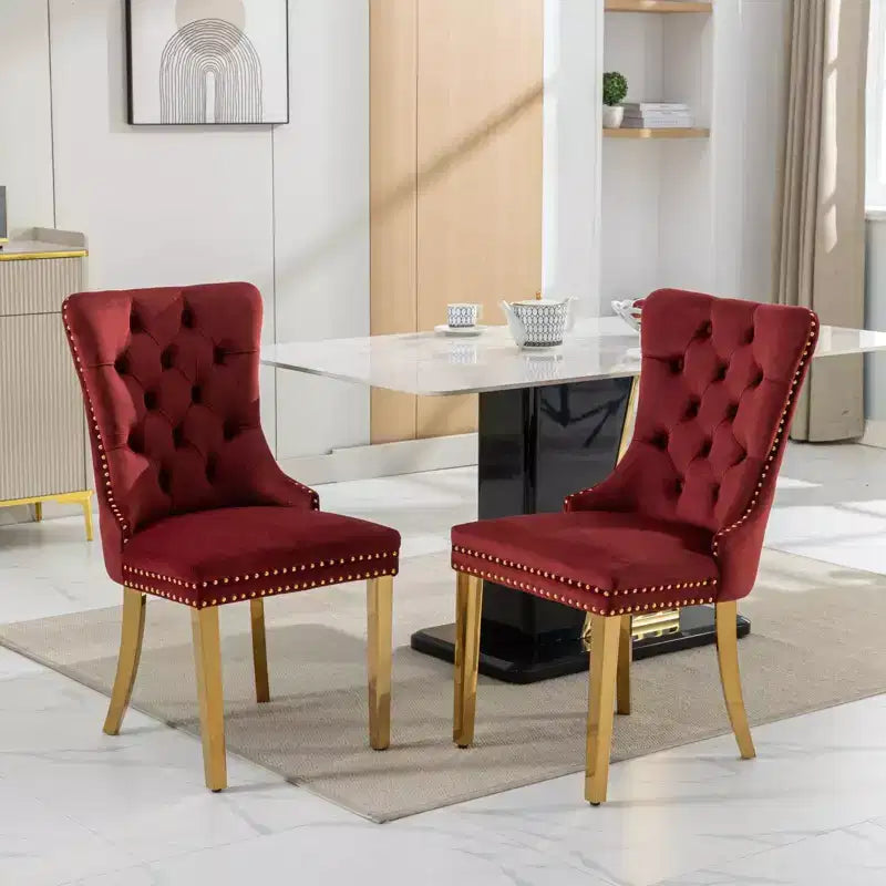Modern Comfy Dining Chairs Set of 2, Tufted Velvet Upholstery Kitchen Chairs with Chrome Stainless Metal Legs & Nailhead Trim