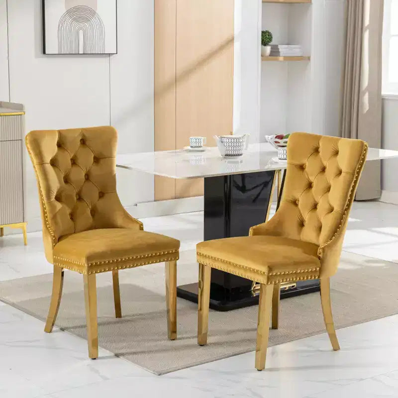 Modern Comfy Dining Chairs Set of 2, Tufted Velvet Upholstery Kitchen Chairs with Chrome Stainless Metal Legs & Nailhead Trim