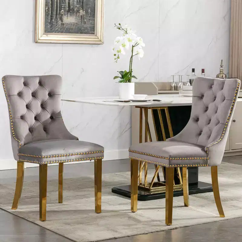 Modern Comfy Dining Chairs Set of 2, Tufted Velvet Upholstery Kitchen Chairs with Chrome Stainless Metal Legs & Nailhead Trim