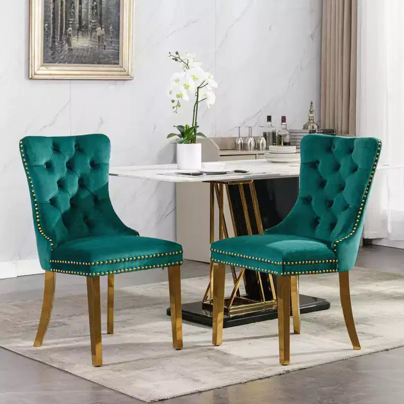Modern Comfy Dining Chairs Set of 2, Tufted Velvet Upholstery Kitchen Chairs with Chrome Stainless Metal Legs & Nailhead Trim