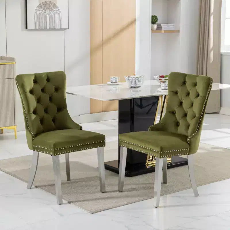 Modern Comfy Dining Chairs Set of 2, Tufted Velvet Upholstery Kitchen Chairs with Chrome Stainless Metal Legs & Nailhead Trim