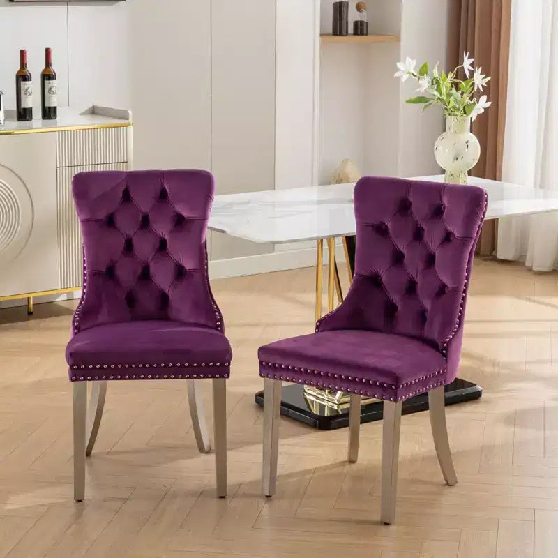 Modern Comfy Dining Chairs Set of 2, Tufted Velvet Upholstery Kitchen Chairs with Chrome Stainless Metal Legs & Nailhead Trim