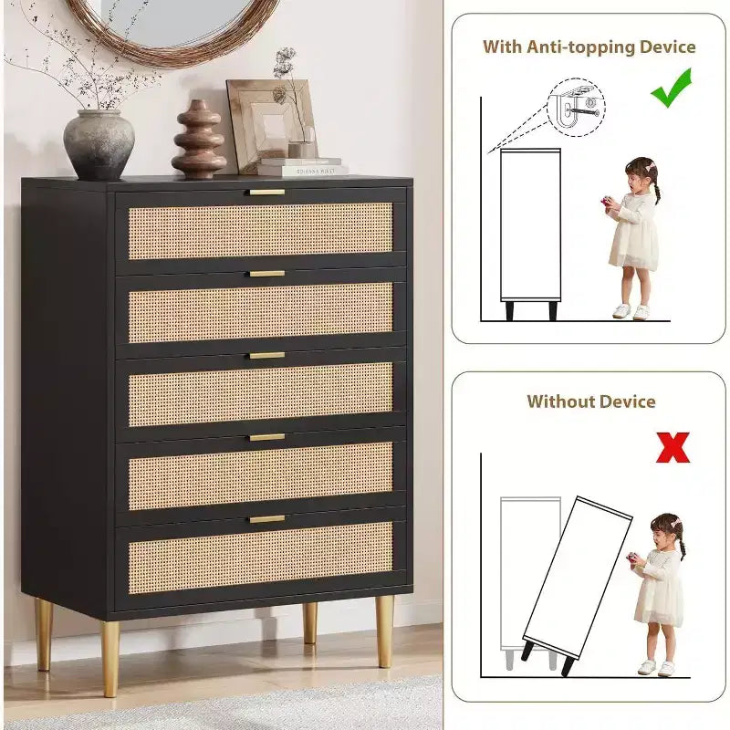 Cassettiera alta in rattan a 5 cassetti, contenitore verticale salvaspazio con dettagli in metallo