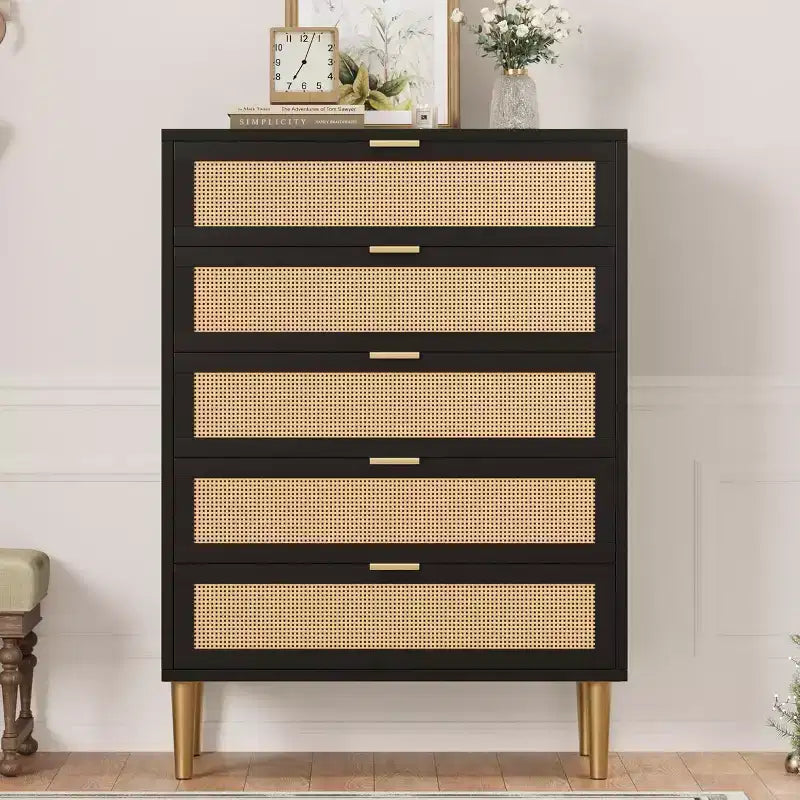 Cassettiera alta in rattan a 5 cassetti, contenitore verticale salvaspazio con dettagli in metallo
