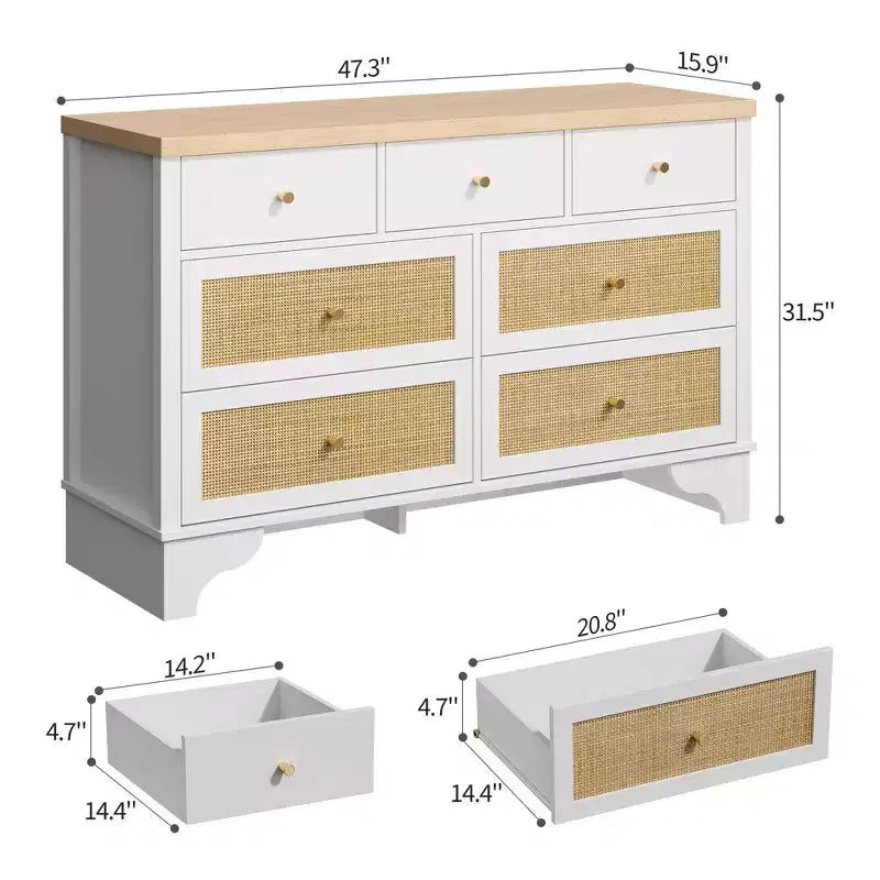 Cassettiera a 7 cassetti, in rattan naturale e legno moderno, mobile a cassetti per camera da letto, ampia cassettiera contenitore con cassetti profondi