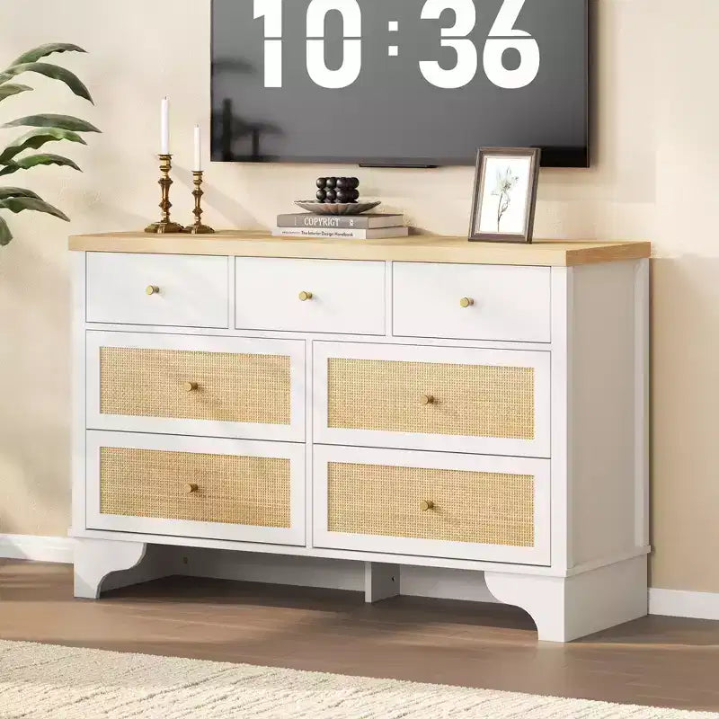 Cassettiera a 7 cassetti, in rattan naturale e legno moderno, mobile a cassetti per camera da letto, ampia cassettiera contenitore con cassetti profondi