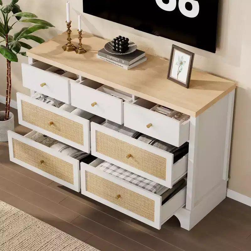 Cassettiera a 7 cassetti, in rattan naturale e legno moderno, mobile a cassetti per camera da letto, ampia cassettiera contenitore con cassetti profondi
