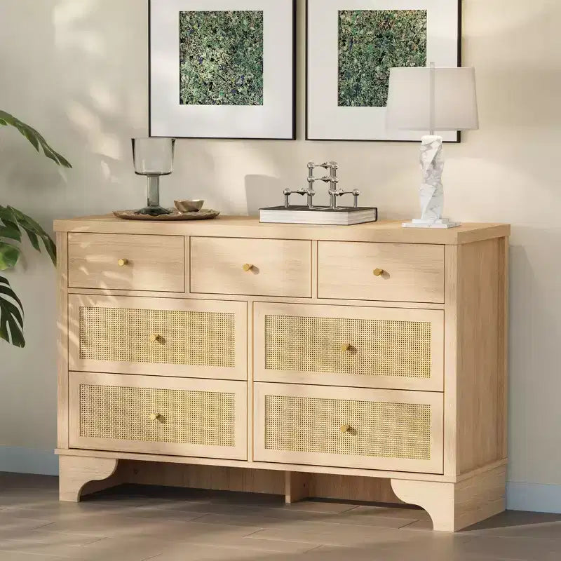 Cassettiera a 7 cassetti, in rattan naturale e legno moderno, mobile a cassetti per camera da letto, ampia cassettiera contenitore con cassetti profondi