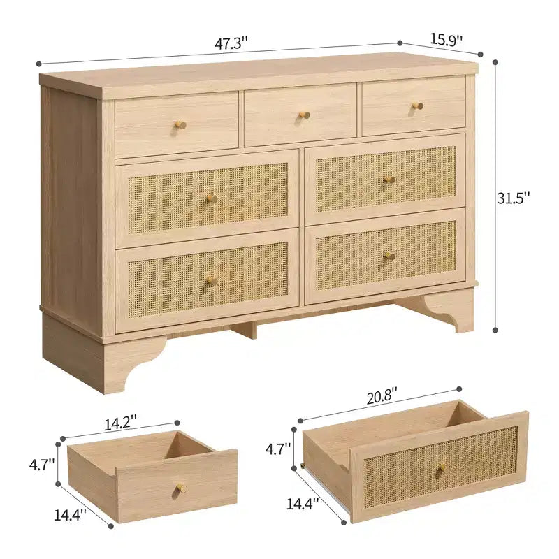 Cassettiera a 7 cassetti, in rattan naturale e legno moderno, mobile a cassetti per camera da letto, ampia cassettiera contenitore con cassetti profondi