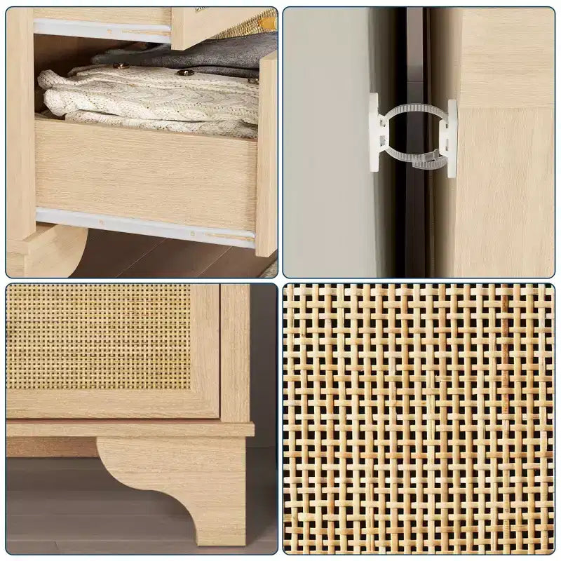 Cassettiera a 7 cassetti, in rattan naturale e legno moderno, mobile a cassetti per camera da letto, ampia cassettiera contenitore con cassetti profondi