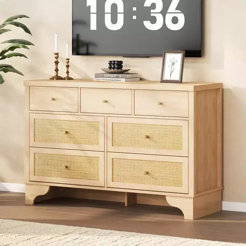 Cassettiera a 7 cassetti, in rattan naturale e legno moderno, mobile a cassetti per camera da letto, ampia cassettiera contenitore con cassetti profondi