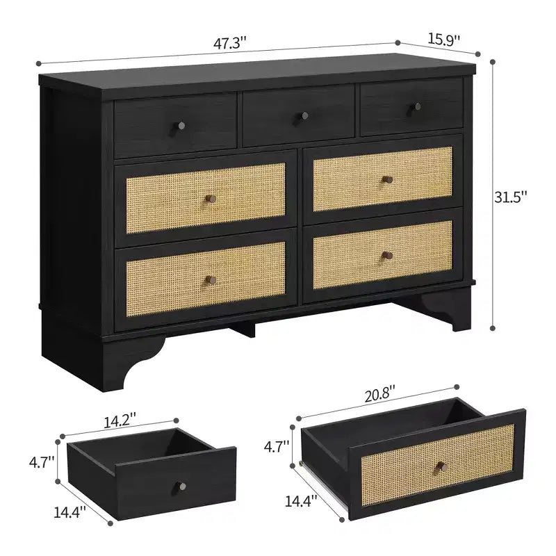 Cassettiera a 7 cassetti, in rattan naturale e legno moderno, mobile a cassetti per camera da letto, ampia cassettiera contenitore con cassetti profondi
