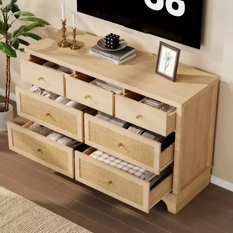 Cassettiera a 7 cassetti, in rattan naturale e legno moderno, mobile a cassetti per camera da letto, ampia cassettiera contenitore con cassetti profondi