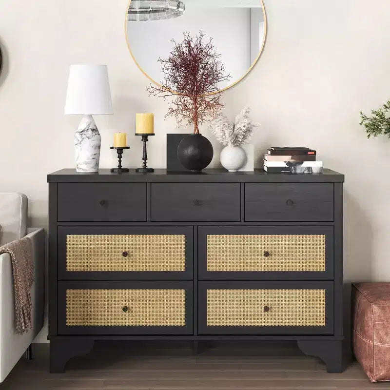 Cassettiera a 7 cassetti, in rattan naturale e legno moderno, mobile a cassetti per camera da letto, ampia cassettiera contenitore con cassetti profondi