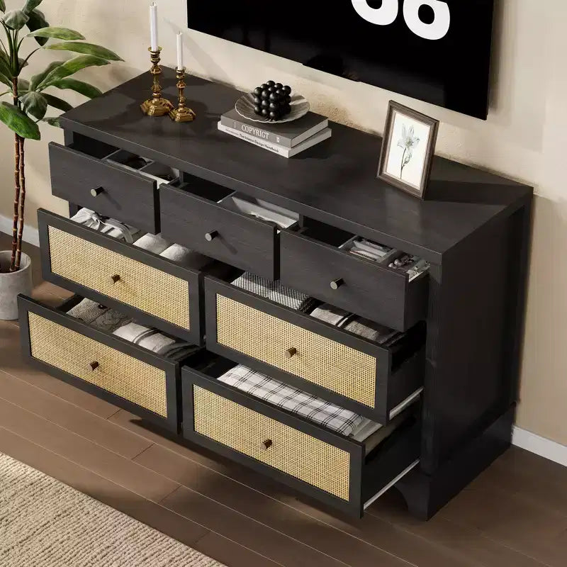 Cassettiera a 7 cassetti, in rattan naturale e legno moderno, mobile a cassetti per camera da letto, ampia cassettiera contenitore con cassetti profondi