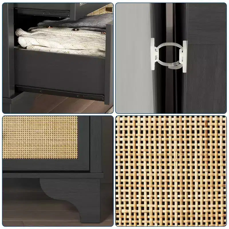 Cassettiera a 7 cassetti, in rattan naturale e legno moderno, mobile a cassetti per camera da letto, ampia cassettiera contenitore con cassetti profondi