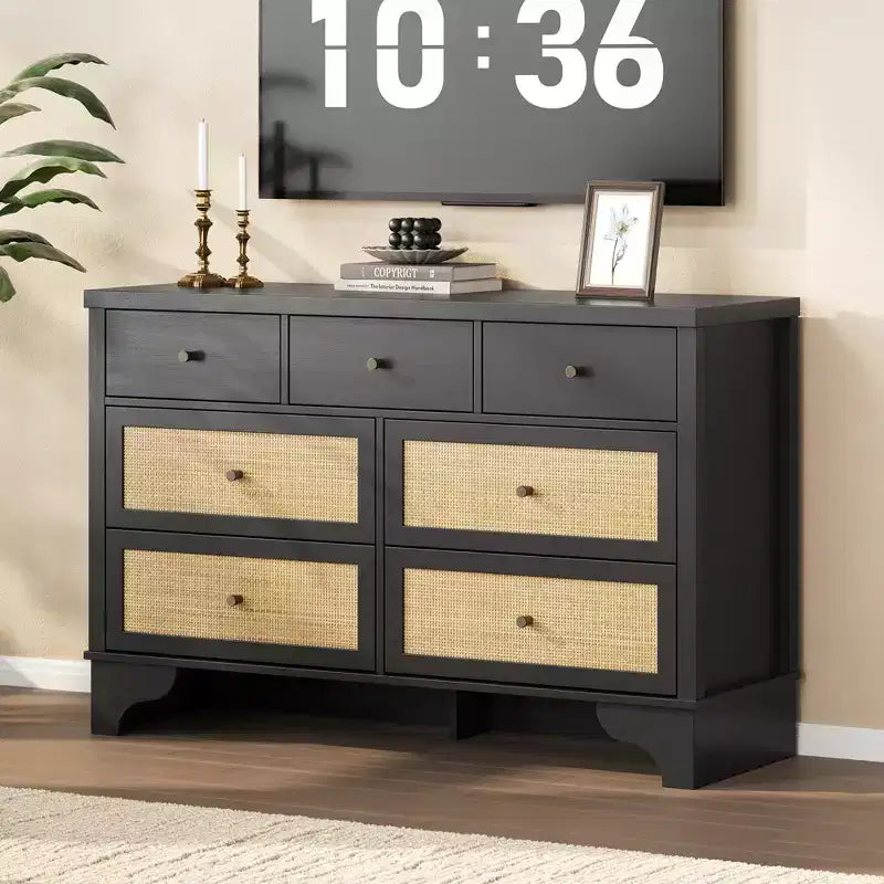 Cassettiera a 7 cassetti, in rattan naturale e legno moderno, mobile a cassetti per camera da letto, ampia cassettiera contenitore con cassetti profondi