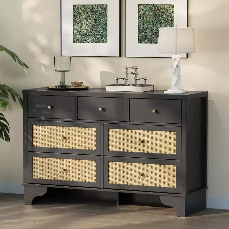 Cassettiera a 7 cassetti, in rattan naturale e legno moderno, mobile a cassetti per camera da letto, ampia cassettiera contenitore con cassetti profondi