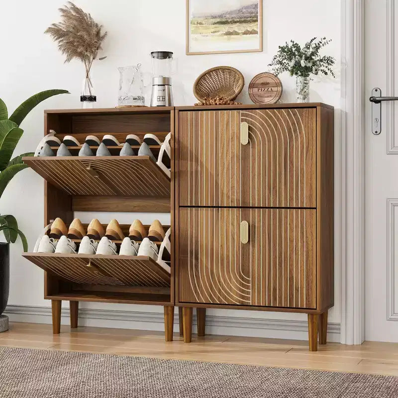 Mid-Century Modern Shoe Storage Cabinet with 2 Flip Doors and Metal Handles