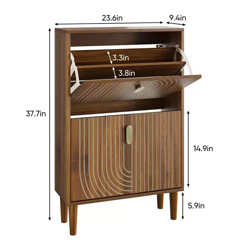 Mid-Century Modern Shoe Storage Cabinet with 2 Flip Doors and Metal Handles