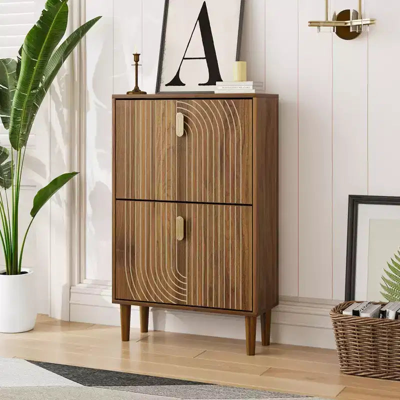 Mid-Century Modern Shoe Storage Cabinet with 2 Flip Doors and Metal Handles