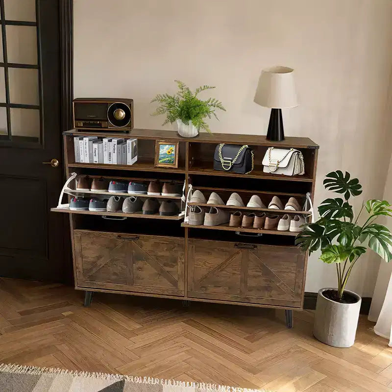 Szafka na buty, organizer na buty z 4 uchylnymi drzwiczkami i szufladami oraz regulowanymi półkami, wolnostojąca szafka na buty do salonu i przedpokoju