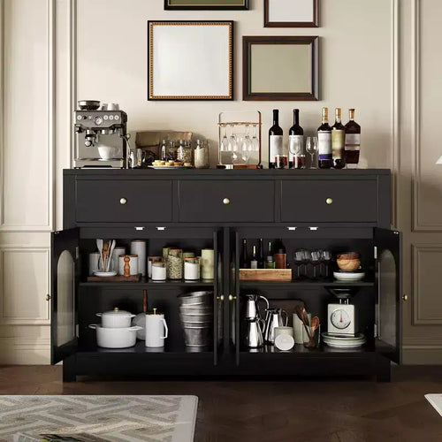 Credenza da 55, mobile bar in legno con anta in vetro e 3 cassetti, moderna consolle multimediale, dispensa da cucina