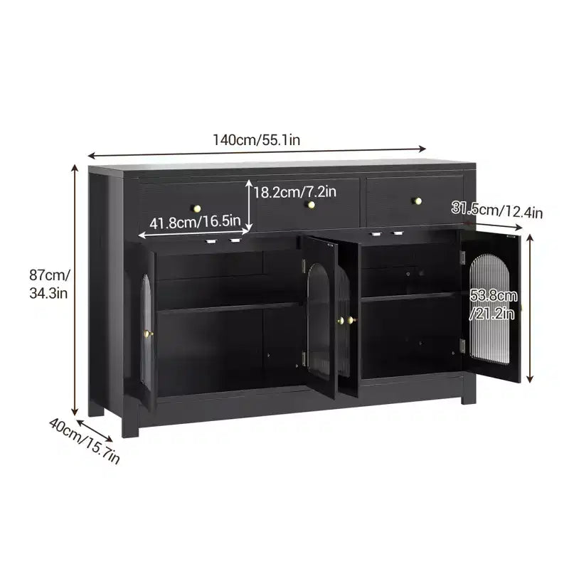 Credenza da 55, mobile bar in legno con anta in vetro e 3 cassetti, moderna consolle multimediale, dispensa da cucina