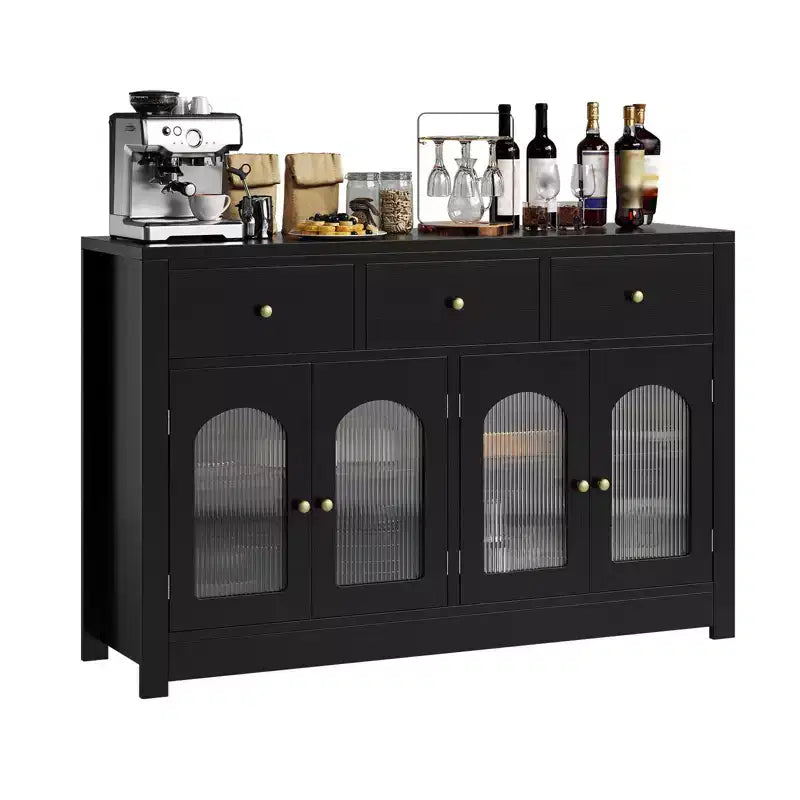 Credenza da 55, mobile bar in legno con anta in vetro e 3 cassetti, moderna consolle multimediale, dispensa da cucina