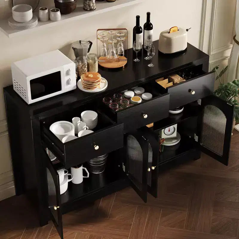 Credenza da 55, mobile bar in legno con anta in vetro e 3 cassetti, moderna consolle multimediale, dispensa da cucina