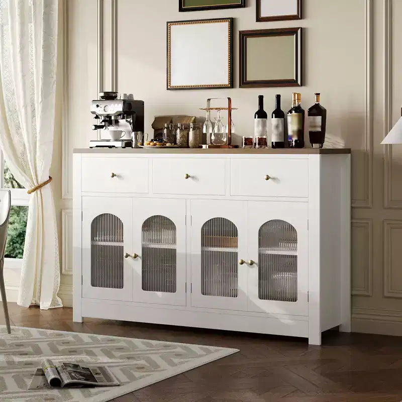 Credenza da 55, mobile bar in legno con anta in vetro e 3 cassetti, moderna consolle multimediale, dispensa da cucina