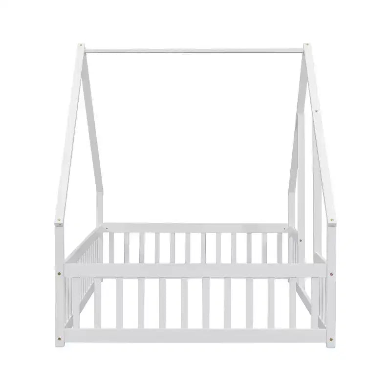 Full Wood House-shaped Floor Bed with Fence, Guardrails White