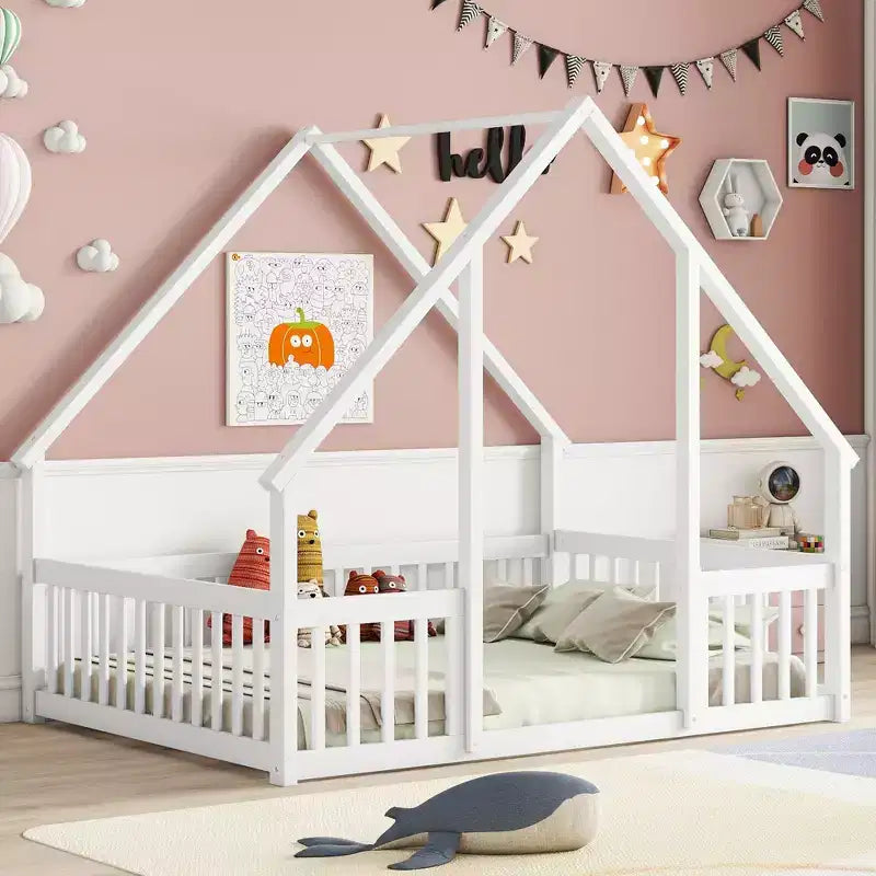 Full Wood House-shaped Floor Bed with Fence, Guardrails White