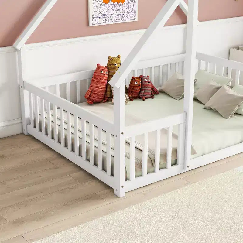 Full Wood House-shaped Floor Bed with Fence, Guardrails White