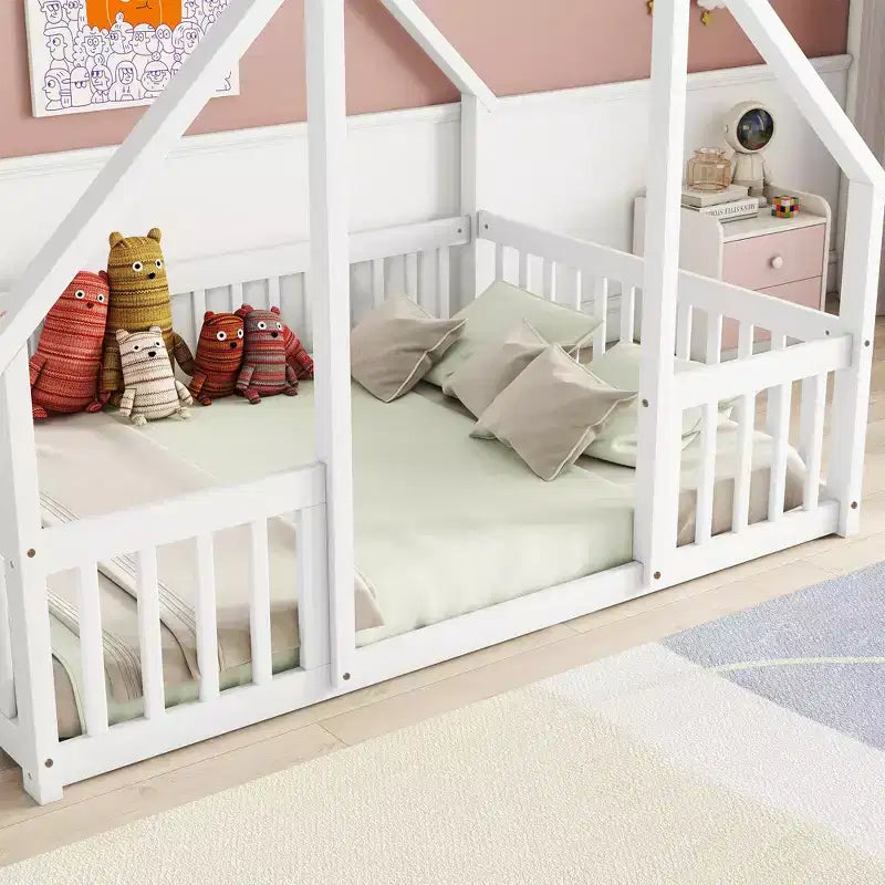 Full Wood House-shaped Floor Bed with Fence, Guardrails White