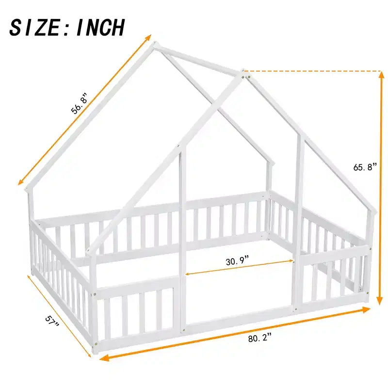 Full Wood House-shaped Floor Bed with Fence, Guardrails White