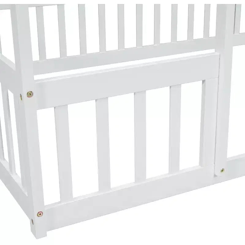 Full Wood House-shaped Floor Bed with Fence, Guardrails White